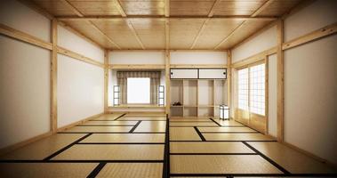 Innenarchitektur, modernes leeres Wohnzimmer mit Tisch, Tatami-Mattenboden. 3D-Rendering foto