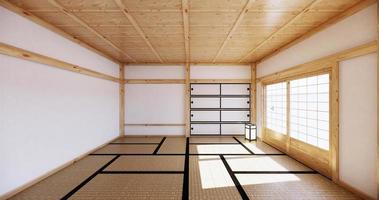 Innenarchitektur, modernes leeres Wohnzimmer mit Tisch, Tatami-Mattenboden. 3D-Rendering foto