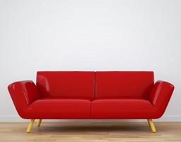 rotes Sofa, Holzboden auf leerem weißem Wandhintergrund. 3D-Rendering foto