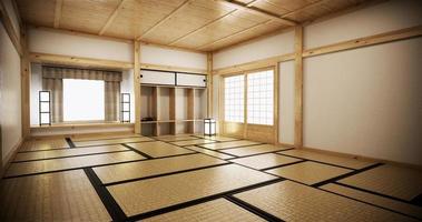 Innenarchitektur, modernes leeres Wohnzimmer mit Tisch, Tatami-Mattenboden. 3D-Rendering foto