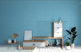 tv-modellzimmer mintblaue wand im japanischen wohnzimmer. 3D-Rendering foto