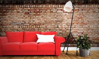 rotes Sofa und Kissen mit Backsteinmauerhintergrund auf Holzboden. 3D-Rendering foto