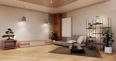 moderne japanische Wohnzimmereinrichtung, Sofa und Schranktisch auf weißem Wandhintergrund des Zimmers. 3D-Rendering