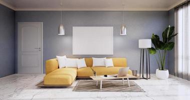 Interieur, Wohnzimmer moderner Minimalist hat gelbes Sofa auf blauer Wand und Granitfliesenboden. 3D-Rendering foto