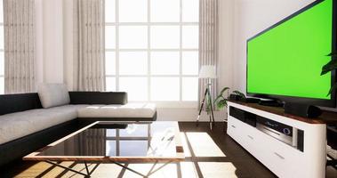 Smart-TV-Modell mit leerem schwarzem Bildschirm, der am Schrankdekor hängt, moderner Wohnzimmer-Zen-Stil. 3D-Rendering foto