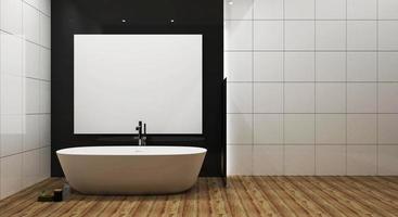 weiße fliesen und graue glänzende wand badezimmer mit weißer badewanne, muck up. 3D-Rendering foto