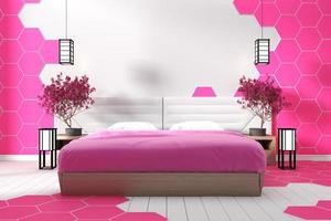 modernes weißes Schlafzimmerdesign rosa Sechseckfliese - Zen-Stil .3D-Rendering foto