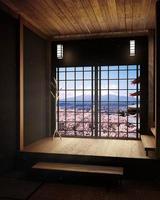 minimalistisches Design des Zimmers mit Tatami-Mattenboden und japanischem, leerem Rauminterieur, 3D-Rendering foto