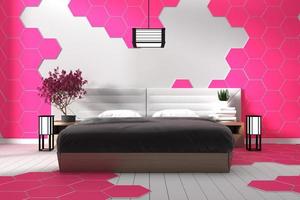 modernes weißes Schlafzimmerdesign rosa Sechseckfliese - Zen-Stil .3D-Rendering