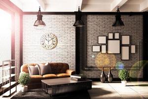 modernes Loft-Wohnzimmer mit Sofa und Grünpflanzen, Lampe, Tisch auf Backsteinmauerhintergrund. 3D-Rendering. - Abbildung foto
