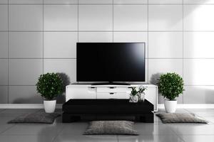 tv im modernen wohnzimmer, fliesendesign bunt. 3D-Rendering foto