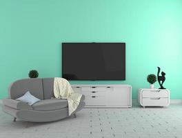 Fernseher auf dem Schrank - modernes Wohnzimmer auf mintfarbenem Wandhintergrund - farbenfroher Stil, 3D-Rendering foto