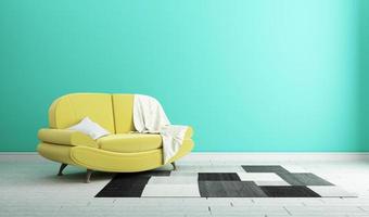 Designkonzept gelbes Sofa auf mintfarbener Wand modernes Interieur .3D-Rendering foto