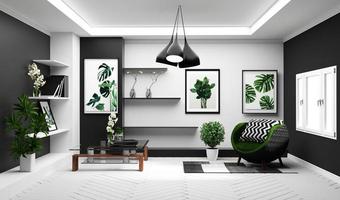 moderne tropische wohnzimmereinrichtung mit sofa und grünen pflanzen, lampe, tisch auf weißem und schwarzem wandhintergrund. 3D-Rendering foto