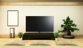 TV Japan - Smart-TV auf niedrigem Tisch im Zimmer im japanischen Stil mit Lampe und Bonsai-Baum. 3D-Rendering foto