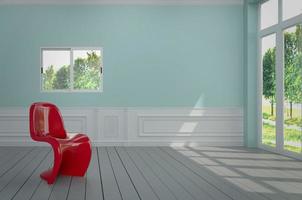 Das Wohnzimmer hat einen schönen roten Stuhl und eine blaue Wand, 3D-Renderbild foto