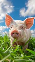 Nahansicht von ein jung Ferkel auf ein Grün Feld unter ein Blau Himmel mit Wolken. süß Bauernhof Tier. Konzept von Vieh, Landwirtschaft, Natur, Landschaft Leben, Rosa Schwein foto