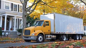 Gelb Lieferung LKW geparkt im Vorderseite von ein Vorort- Haus im Herbst. Ladung Transport, Logistik, Wohn Nachbarschaft, saisonal Konzept foto