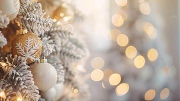 elegant Weihnachten Baum mit Weiß und Gold Ornamente. festlich Urlaub Dekor. Konzept von Feier, Winter Jahreszeit, festlich Dekoration, Urlaub Geist. Kopieren Raum foto