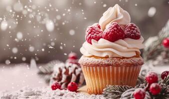 festlich Weihnachten Cupcake mit rot Verpackung und Sahne Glasur. Urlaub Dessert Konzept. Weihnachten Dekorationen. festlich Essen Anzeige. Kopieren Raum foto