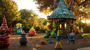 wunderlich Halloween-Themen Park Spielplatz mit ein Märchen Hexen Hütte. verzaubert abspielen Bereich dekoriert mit Kürbisse und gespenstisch Dekorationen. Fantasie Spielplatz, Halloween Dekor, festlich Park Konzept foto