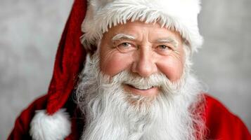 Alten Mann mit ein Weiß Bart tragen ein Santa Hut und rot Mantel. Konzept von Santa Klaus, Weihnachten, Urlaub Geist, festlich Jahreszeit foto
