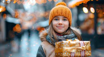 kaukasisch Mädchen mit ein Gelb stricken Deckel halten ein Geschenk Box mit ein festlich Hintergrund. Konzept von Winter Urlaub, Kind Freude, saisonal Feier, und heiter Geist, Weihnachten, Neu Jahr foto