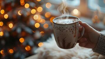 gemütlich Tasse von heiß Kakao mit festlich Bokeh Beleuchtung von Weihnachten Baum. perfekt Urlaub Szene. Konzept von Wärme, Entspannung, festlich Jahreszeit, Neu Jahr und Urlaub Geist foto