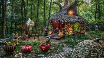 wunderlich Halloween-Themen Park Spielplatz mit ein Märchen Hexen Hütte. verzaubert abspielen Bereich dekoriert mit Kürbisse und gespenstisch Dekorationen. Fantasie Spielplatz, Halloween Dekor, festlich Park Konzept foto