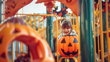 jung Mädchen genießen Halloween beim ein Spielplatz mit ein Kürbis. Konzept von Halloween Spaß, Kinder spielen, festlich Dekorationen, Herbst Feierlichkeiten foto