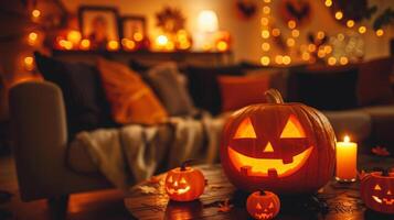 gemütlich Halloween-Themen Leben Zimmer mit glühend Kürbislaternen beleuchtet durch Kerzenlicht. Konzept von Herbst Dekor, Urlaub Geist, festlich Atmosphäre, saisonal Feier foto