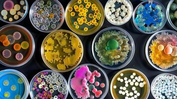 ein vielfältig Array von bunt Bakterien Kulturen im Petri Teller. mikrobiell Proben im verschiedene Formen. Konzept von Mikrobiologie, Labor Forschung, wissenschaftlich Studien, biologisch Vielfalt foto