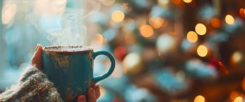 gemütlich Tasse von heiß Kakao mit festlich Bokeh Beleuchtung von Weihnachten Baum. perfekt Urlaub Szene. Konzept von Wärme, Entspannung, festlich Jahreszeit, Neu Jahr und Urlaub Geist foto