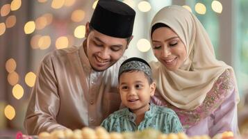 glücklich Muslim Familie feiern zusammen. lächelnd Mutter, Vater, und Kind tragen traditionell Kleidung. Familie, Feier, Tradition, kulturell Einheit Konzept foto