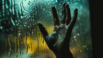 Hand gedrückt gegen ein nass Fenster während Regen. Betrachtung und Regentropfen. Konzept von Melancholie, Betrachtung, Einsamkeit, Wetter foto