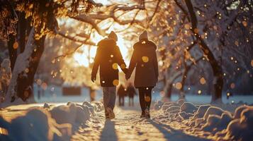 schneebedeckt Winter Szene von ein Paar halten Hände und Gehen zusammen im ein sonnendurchflutet Park. Konzept von Winter, Liebe, Beziehungen, Romantik, und draussen Aktivitäten foto