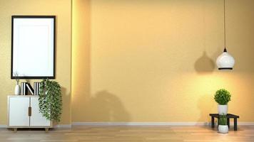 Schrank im modernen Zen-Wohnzimmer mit Dekoraion-Zen-Stil auf gelbem Wanddesign verstecktes Licht. 3D-Rendering foto