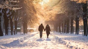 schneebedeckt Winter Szene von ein Paar halten Hände und Gehen zusammen im ein sonnendurchflutet Park. Konzept von Winter, Liebe, Beziehungen, Romantik, und draussen Aktivitäten foto