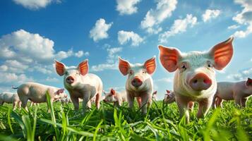 süß Ferkel im ein Grün grasig Feld unter ein Blau Himmel mit Weiß Wolken. Konzept von Vieh, Bauernhof Tiere, Landwirtschaft, ländlich Leben, süß Schweine foto