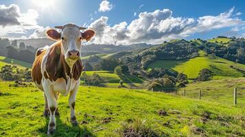 braun und Weiß Kuh Stehen im ein Grün Wiese unter ein Blau Himmel mit flauschige Wolken. Konzept von Landwirtschaft, ländlich Leben, Vieh Landwirtschaft, Landschaft Schönheit. Kopieren Raum foto