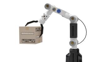 Roboter Cyber Zukunft futuristisch humanoid halten Box Produkttechnologie Engineering Geräteprüfung, für Industrie Inspektion Inspektor Transport Wartung Roboter Service Technologie 3D-Rendering foto