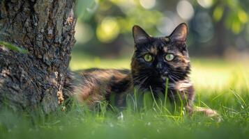 ein Kattun Katze liegt im das Gras, teilweise versteckt durch ein Baum Stamm, suchen in das Kamera. foto
