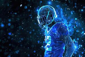 Fußball Spieler im Superheld Pose auf schwarz Hintergrund mit Blau Beleuchtung. foto