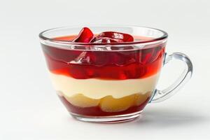 Gelee und Pudding im Glas Tasse isoliert auf Weiß foto