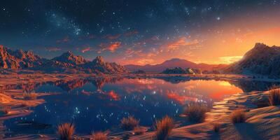 heiter See und Berge beim Sonnenuntergang im Pixel Kunst Stil foto
