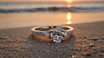 ein Engagement Ring sitzt auf das Strand beim Sonnenuntergang foto
