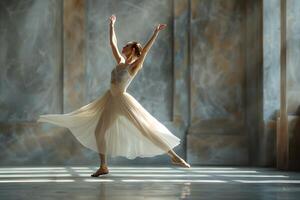 Frau im ein Weiß Kleid Tanzen im ein Zimmer foto