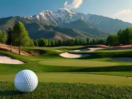 Golf Ball auf schön Golf Kurs mit Berg Hintergrund foto