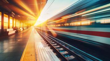 ein Zug ist Beschleunigen Vergangenheit ein Zug Bahnhof mit ein hell Sonne im das Hintergrund foto