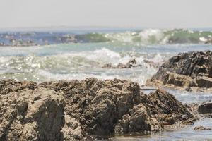 starke Wellen, Steine und Klippen, Sea Point Promenade in Kapstadt, Südafrika.
